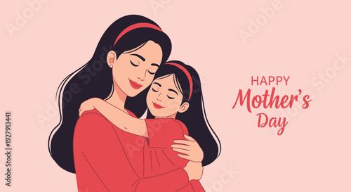 Happy Mother's Day Illustration: Loving Mom and Daughter Hug, Celebrating Family Love and Affection