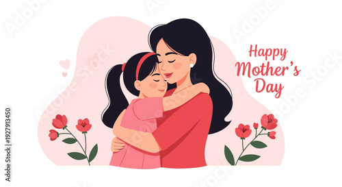 Happy Mother's Day Card Illustration: Loving Mother and Daughter Embrace with Flowers
