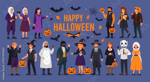 Happy Halloween Celebration: Diverse People in Fun Costumes with Pumpkins & Bats Vector Illustration