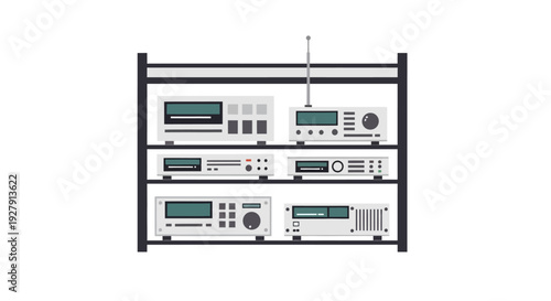 Server rack with various electronic equipment and devices.