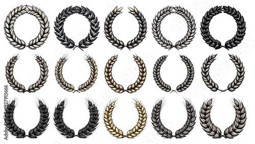 Wheat grain and barley icon set with laurel wreaths cereal crops and agriculture symbols isolated black vector illustration