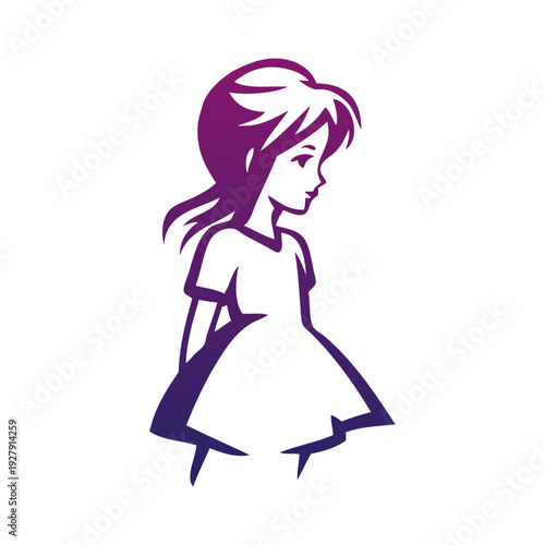 Logotipo de boutique de moda femenina. Dibujo sencillo con líneas de una chica joven de pie con un vestido, vista de perfil