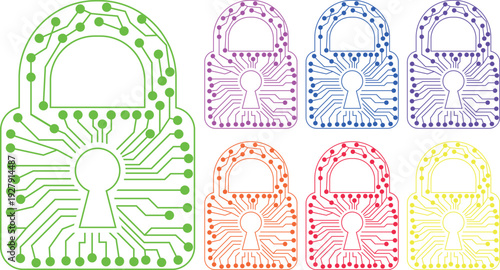Colorful digital lock icons representing cybersecurity and data protection