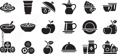 Ramadan Kareem Iftar Healthy Meal Icon Set - Traditional Arabic Teapots, Fruit, Dates, and Islamic Dining Symbols Solid Black Vector