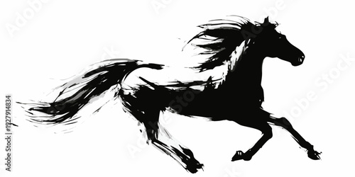 Dynamic black ink wash painting of a horse in mid gallop