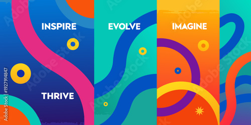 Colorful abstract design featuring inspirational words and geometric shapes
