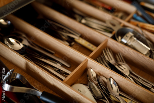 Close-up image of stainless steel kitchen utensils stored in a wooden drawer. Perfect for design, kitchen, lifestyle and