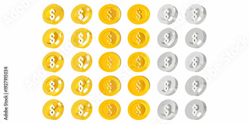 Collection of gold and silver dollar sign coins arranged in a grid