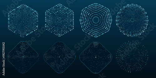 Abstract geometric shapes composed of glowing blue digital particles