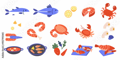 Variety of fresh seafood and prepared dishes in a colorful illustration