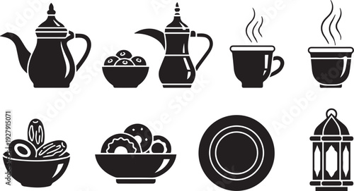 Ramadan Kareem Iftar Food and Drink Icon Set - Traditional Arabic Teapot, Coffee Cups, Dates Bowl, and Lantern Solid Black Vector Symbols