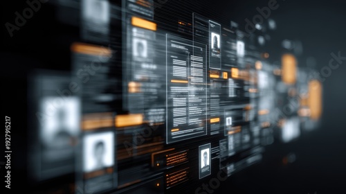 Abstract digital interface showing multiple user profiles and personal data panels for human resources management or social network analytics