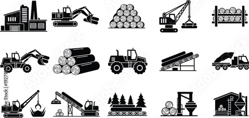 Forestry and logging industry icons set, black silhouette vector illustrations of machinery, timber transport, sawmill operations, and wood processing elements
