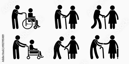 Accessibility pictograms depicting people with disabilities and assistance