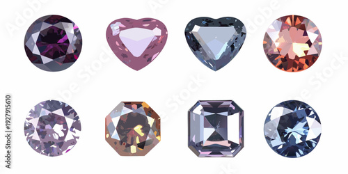 Collection of brightly colored faceted gemstones arranged in two rows