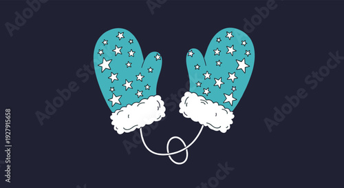 A cute cartoon illustration of a pair of blue winter mittens decorated with white stars, connected by a string on a dark background.