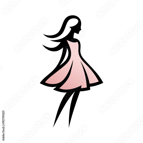 Logotipo de boutique de moda femenina. Dibujo sencillo con líneas de una chica joven de pie con un vestido color rosa, vista de perfil 