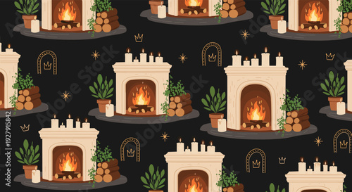 Elegant seamless repeating pattern of cozy white fireplaces with burning logs, potted plants, and candles on a dark background.