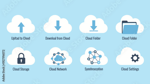 Cloud technology icons for uploading, downloading, storage, and settings.