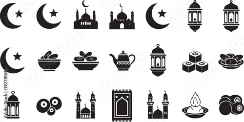 Ramadan Kareem Icon Set - Islamic Traditions, Mosque Architecture, Halal Food, and Decorative Lantern Symbols Solid Black Vector