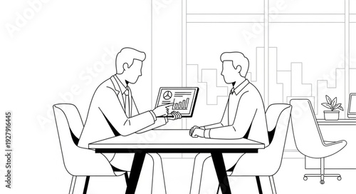 Two Men Discussing at Table.