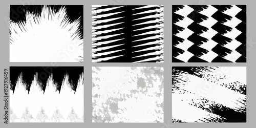 Abstract black and white patterns arranged in a six panel grid