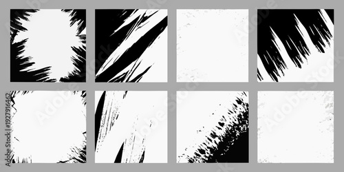 Abstract black brushstrokes arranged in a grid pattern on a gray background