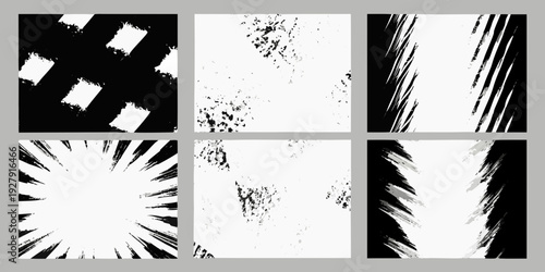 Six abstract black and white textured brushstroke patterns arranged in a grid