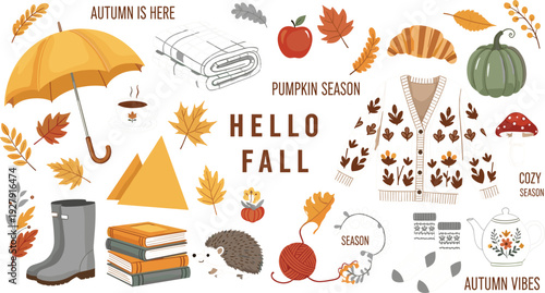 Hello Fall Cozy Autumn Collection with Sweater, Umbrella, Pumpkin, Books and Leaves Seasonal Vector Illustration Set