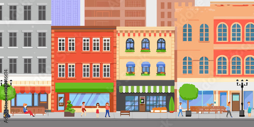 Colorful row of shops and buildings with people on a city street