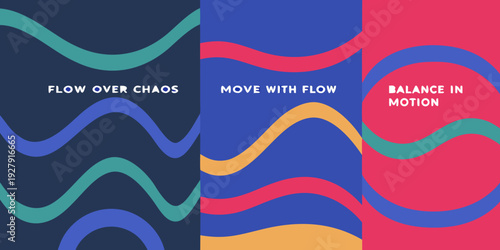 Abstract wavy designs with inspirational phrases in three color schemes