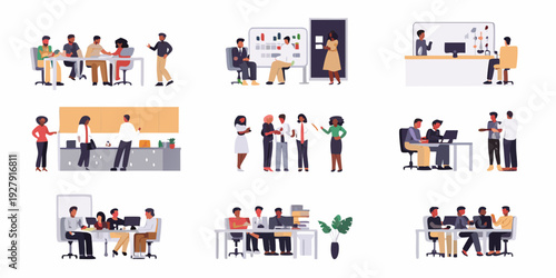 Diverse group of professionals collaborating in various office settings