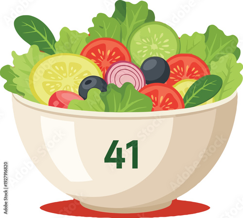 Bowl of salad with vegetables and number 41 lettuce tomatoes