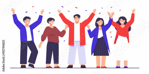 Group of people celebrating with arms raised and confetti falling