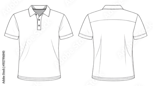 Men’s polo shirt technical flat sketch showing front and back views casual short sleeve apparel line art vector template