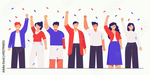 A diverse group of people celebrate with arms raised in the air