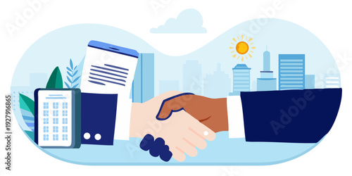 A handshake illustration representing a successful business agreement in a city