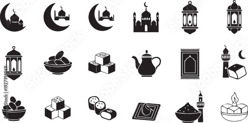 Ramadan Kareem and Eid Mubarak Islamic Icon Set - Mosque Silhouettes, Traditional Lanterns, Halal Dates, and Prayer Rug Solid Black Vector