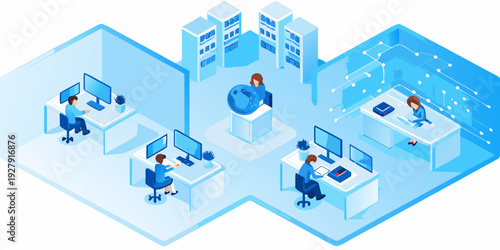Isometric illustration of a modern office with people working at computers