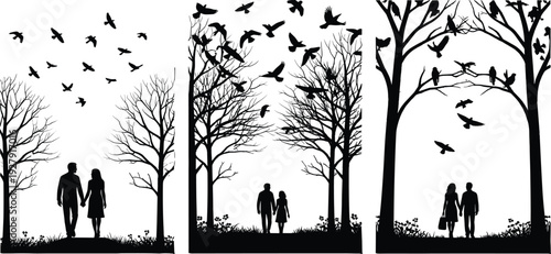 Romantic couple silhouettes walking under trees with flying birds, love and relationship concept, minimal black nature vector illustration composition