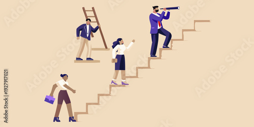 Business people ascending stairs with one observing progress through binoculars