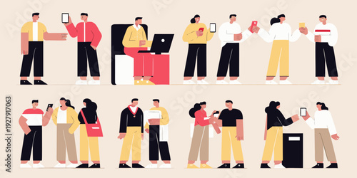 Diverse group of people using smartphones and carrying belongings