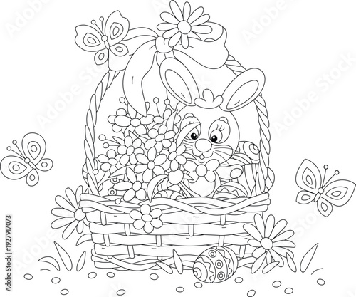 Greeting card with a happy Easter bunny and painted gift eggs in a wicker basket decorated with a bow and flowers, black and white vector cartoon illustration for a coloring book