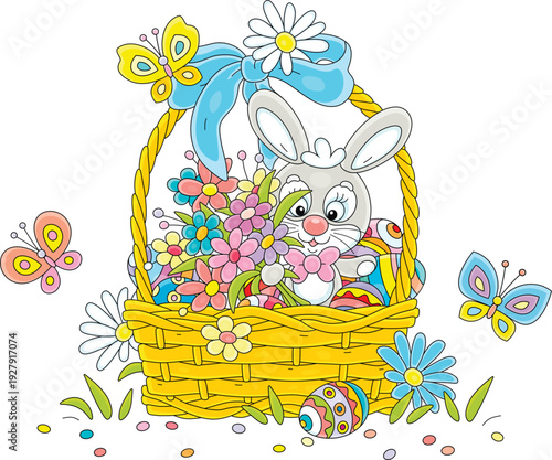 Greeting card with a happy Easter bunny holding a bouquet and colorfully painted gift eggs in a wicker basket decorated with a bow and flowers, vector cartoon illustration on a white background