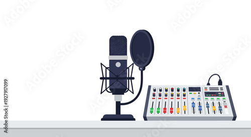 Professional Audio Recording Equipment with Microphone and Soundboard.