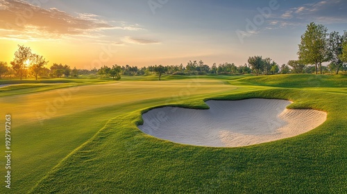 Golf Course at Sunset: Capture the serenity of a golf course bathed in the warm hues of a setting sun, with lush green fairways and meticulously maintained landscape.