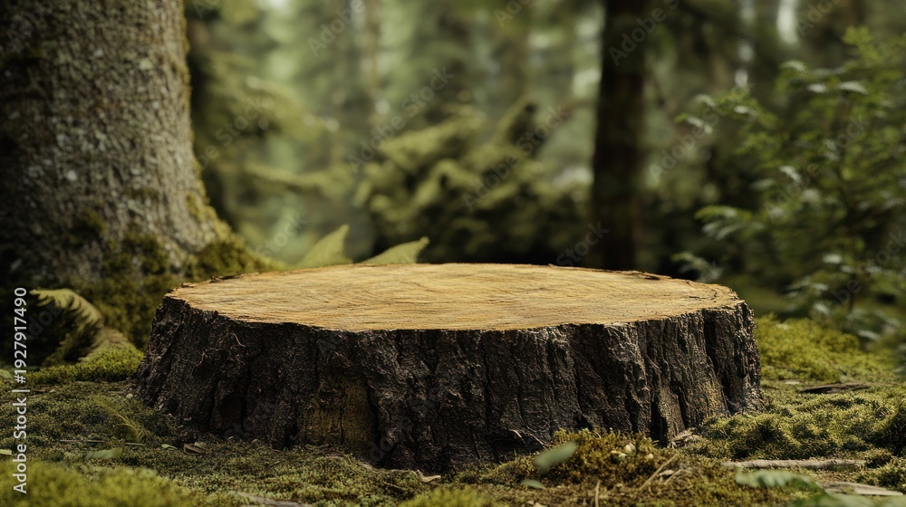 Fototapeta premium The Forest Stage: A textured, tree stump platform, a natural stage for showcasing items, perfectly nestled amid the enchanting allure of a green forest.