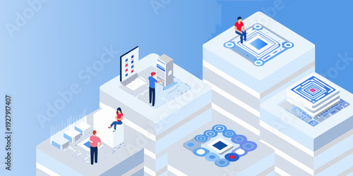 Isometric illustration depicting digital infrastructure and human interaction