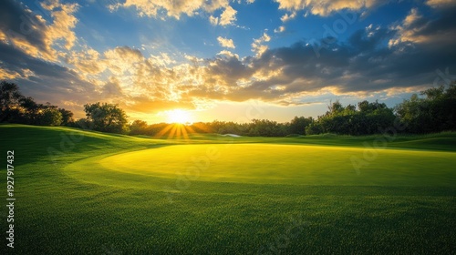 Golf Course Paradise: Capture the serenity of a sun-kissed golf course, where the vivid green of the fairway stretches towards the horizon. The setting sun paints the sky with golden hues.