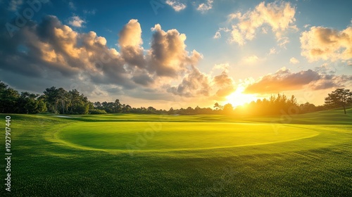 Golden Hour on the Green: A pristine golf course basks in the warmth of the setting sun, offering a breathtaking view of the well-manicured green against a backdrop of dramatic clouds and sky. 